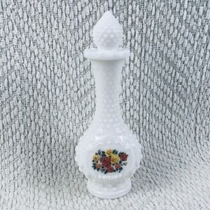 Vintage Hobnail Milk Glass Avon Cologne Bottle Decanter White Floral Flowers EUC